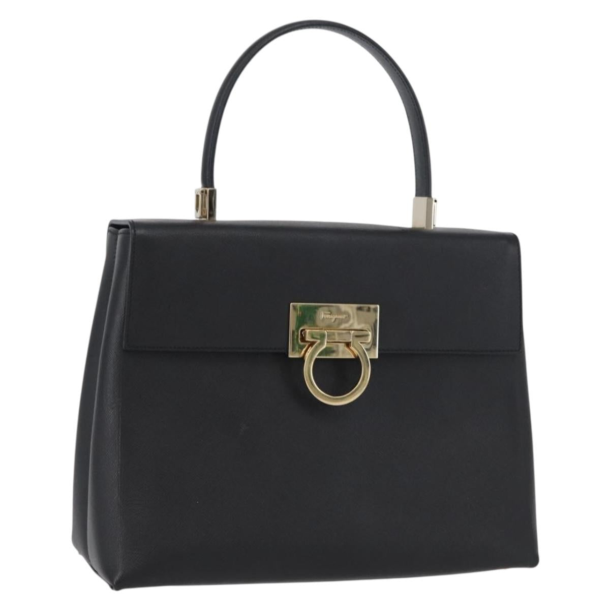Salvatore Ferragamo Gancini Hand Bag Leather Black Gold Auth 172966