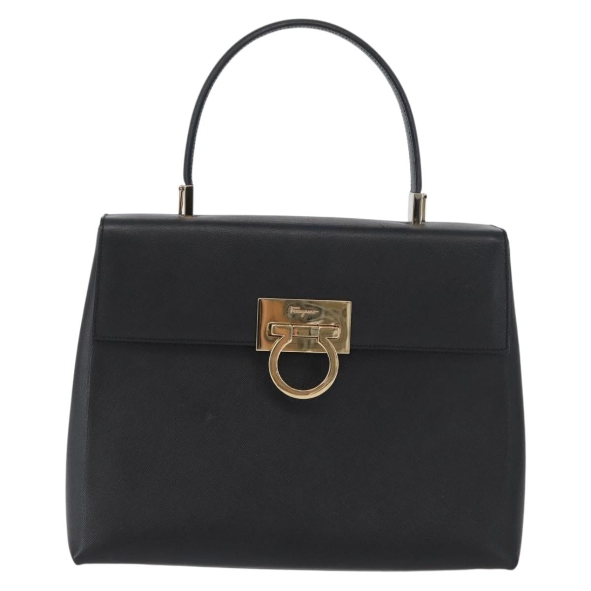 Salvatore Ferragamo Gancini Hand Bag Leather Black Gold Auth 172966