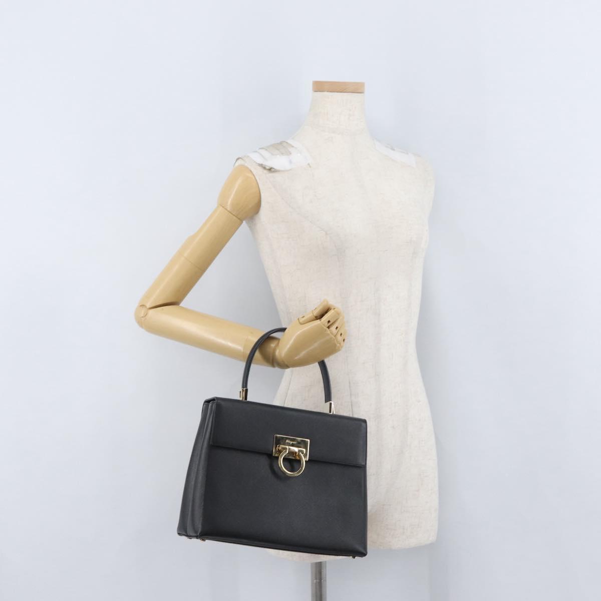 Salvatore Ferragamo Gancini Hand Bag Leather Black Gold Auth 172966