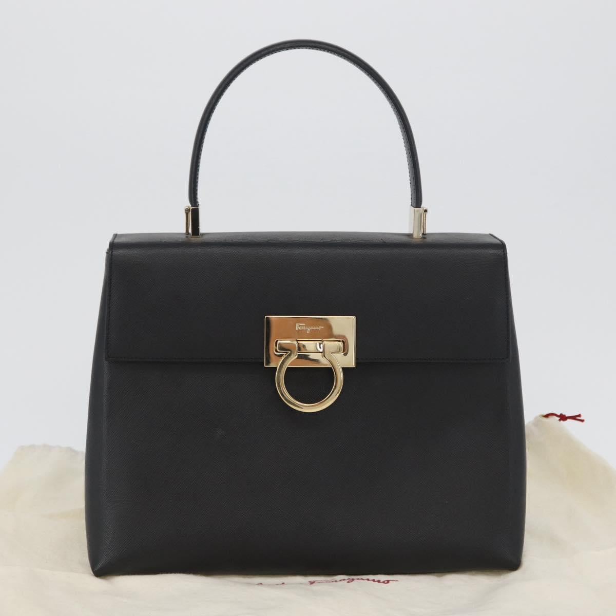 Salvatore Ferragamo Gancini Hand Bag Leather Black Gold Auth 172966