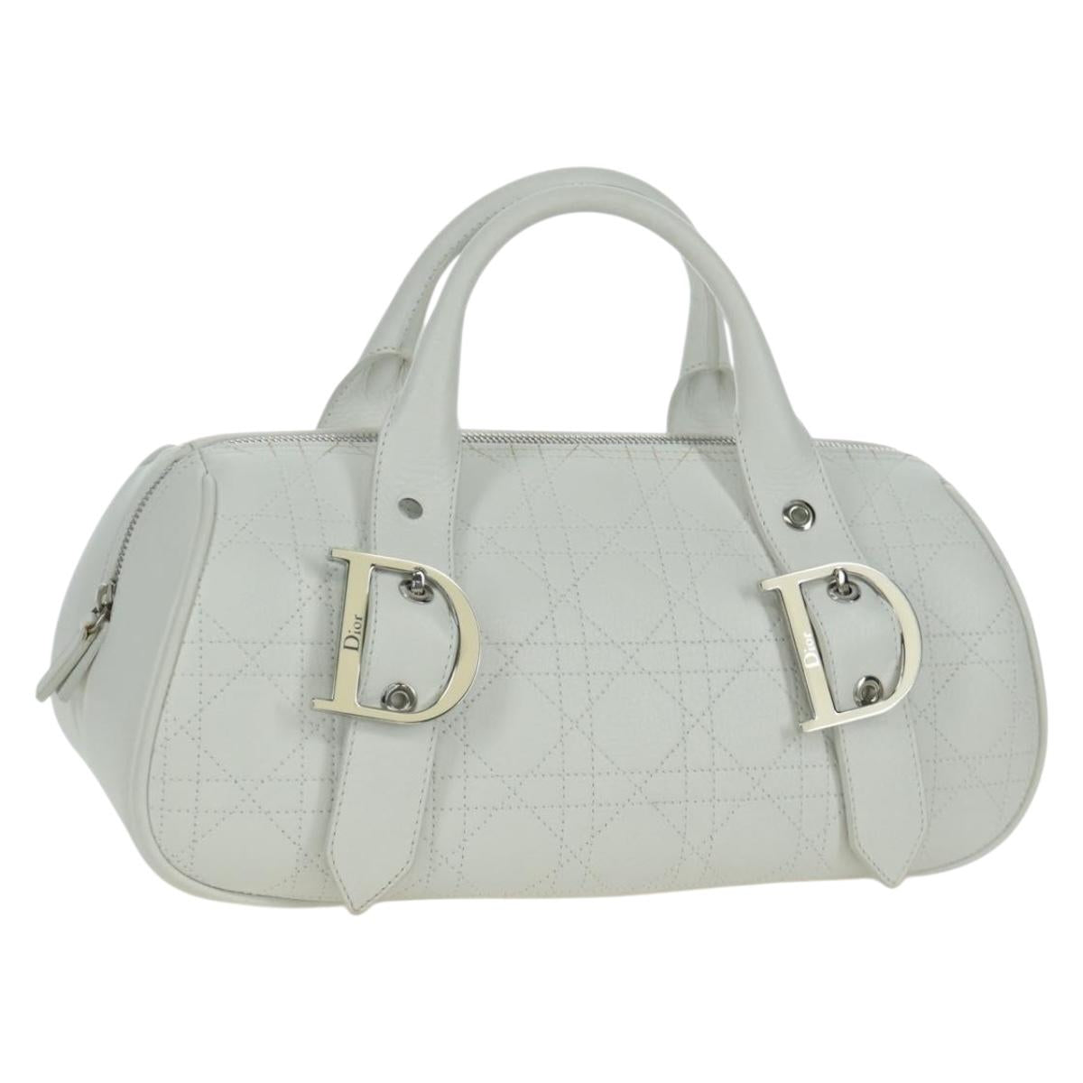 Christian Dior Canage Hand Bag Leather White Silver Auth 172986A