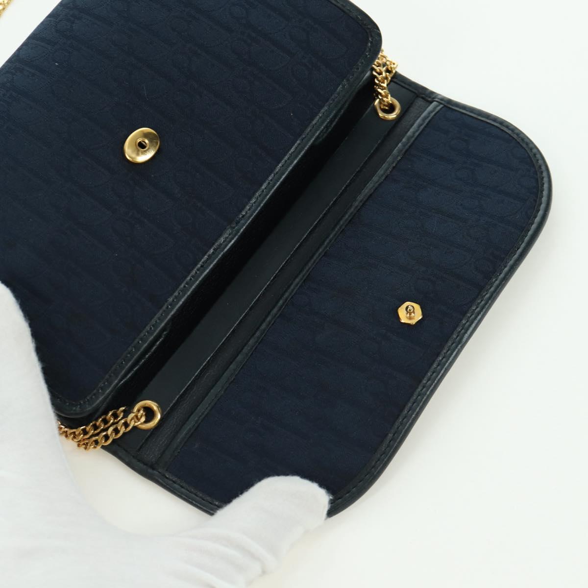 Christian Dior Trotter Canvas Chain Shoulder Bag Navy Gold Auth 172987V