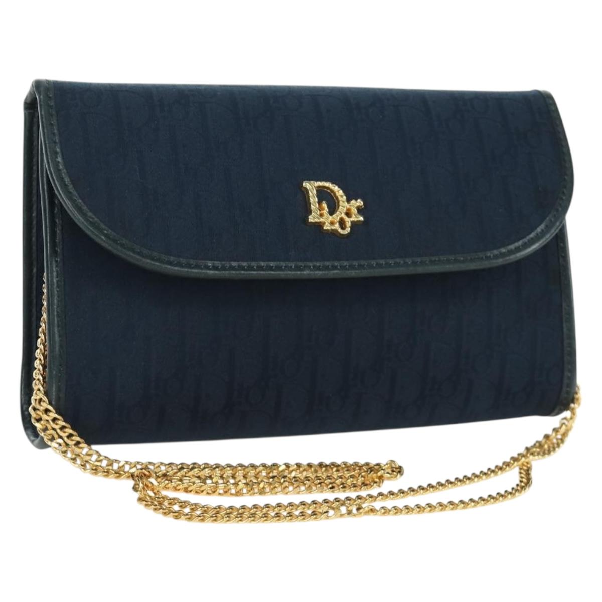 Christian Dior Trotter Canvas Chain Shoulder Bag Navy Gold Auth 172987V