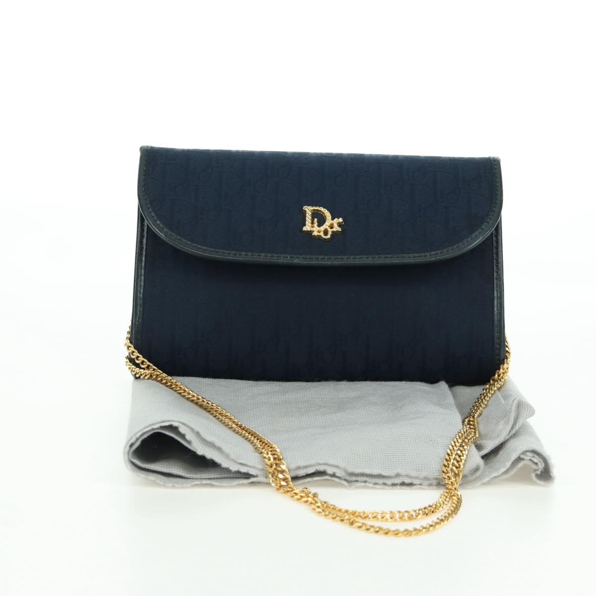 Christian Dior Trotter Canvas Chain Shoulder Bag Navy Gold Auth 172987V