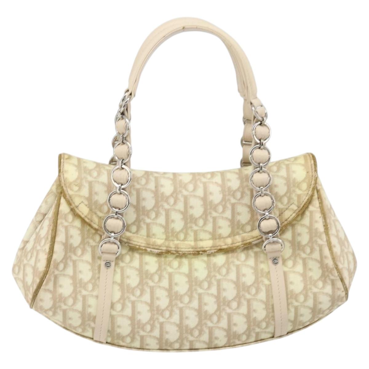 Christian Dior Trotter Canvas Chain Hand Bag PVC Beige Silver Auth 172988