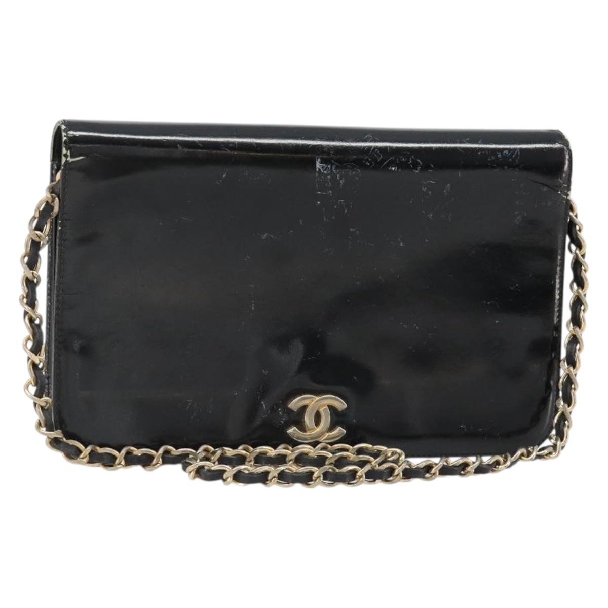 CHANEL Chain Shoulder Bag Patent leather Black Gold CC Auth 172993