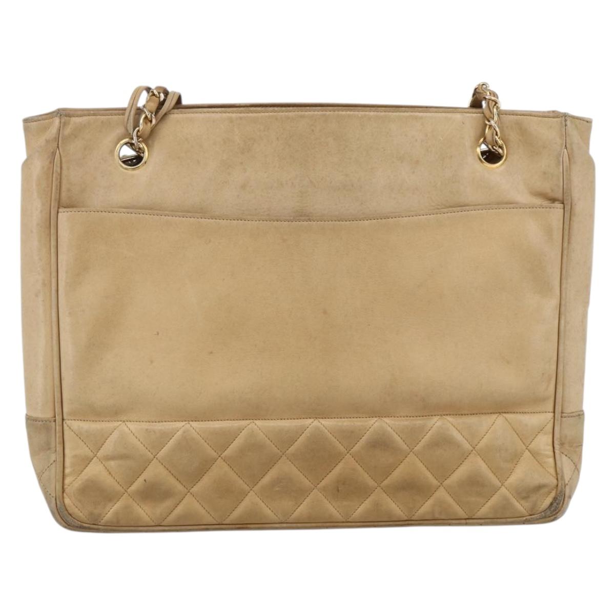 CHANEL Matelasse Chain Shoulder Bag Lamb Skin Beige Gold CC Auth 172997