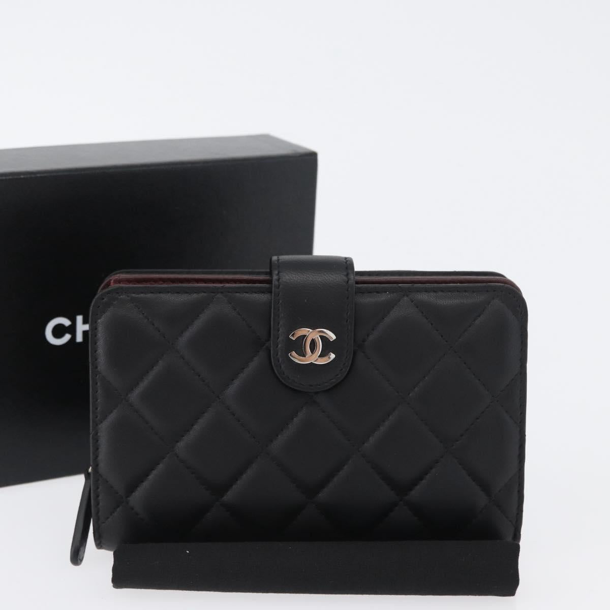 CHANEL Matelasse Bifold Wallet Lamb Skin Black Silver CC Auth 173017SAV