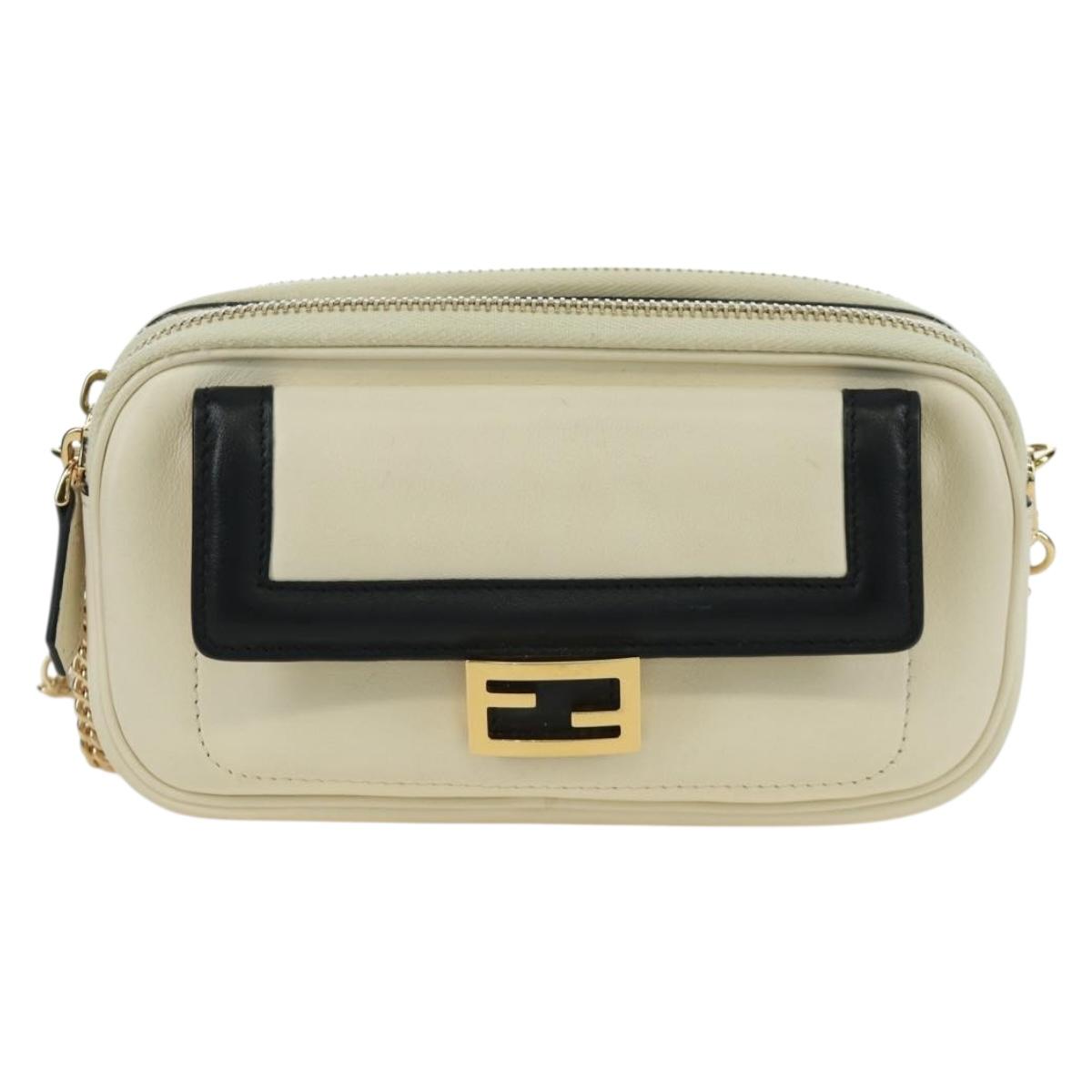 FENDI Easy Baguette Chain Shoulder Bag Leather Ivory Gold Auth 173156M