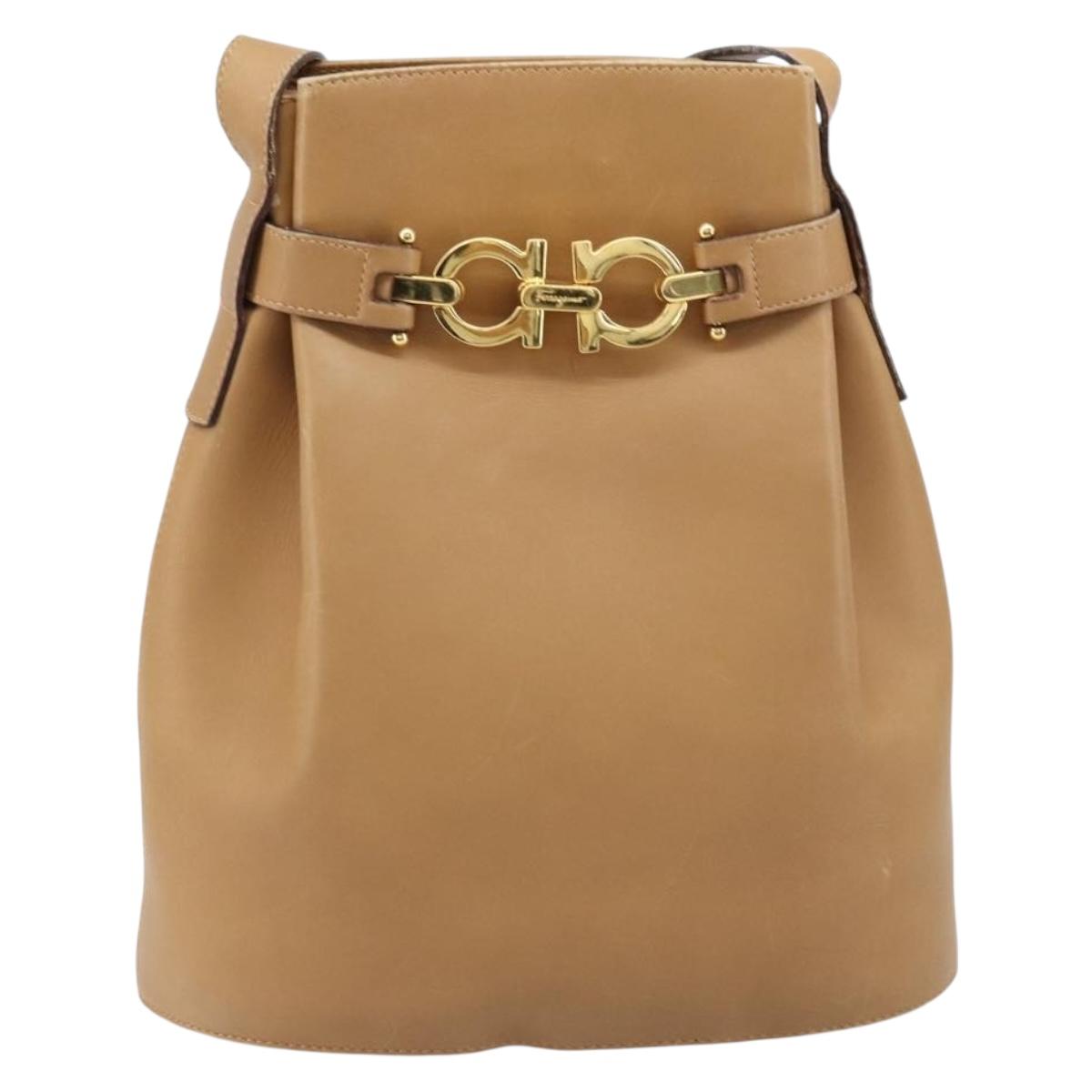Salvatore Ferragamo Gancini Shoulder Bag Leather Beige Gold Auth 173160