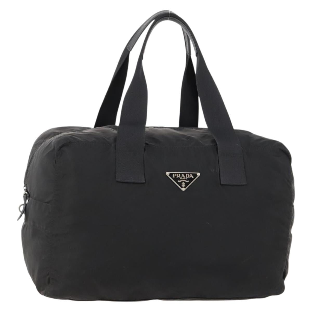 PRADA Boston Bag Nylon Black Silver Auth 173182