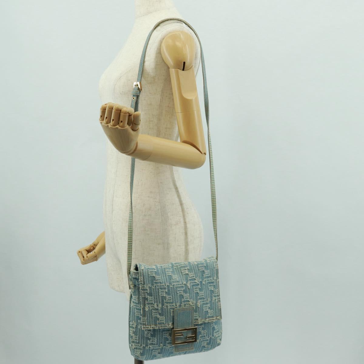 FENDI Zucca Canvas Mamma Baguette Shoulder Bag Light Blue Gold Auth 173198V