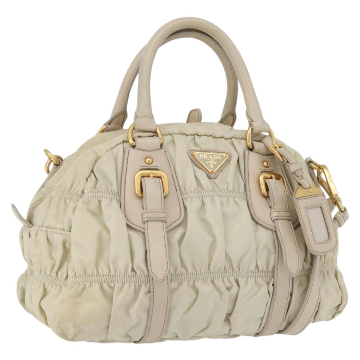 PRADA Gathered Hand Bag Nylon 2way Ivory Gold Auth 173201