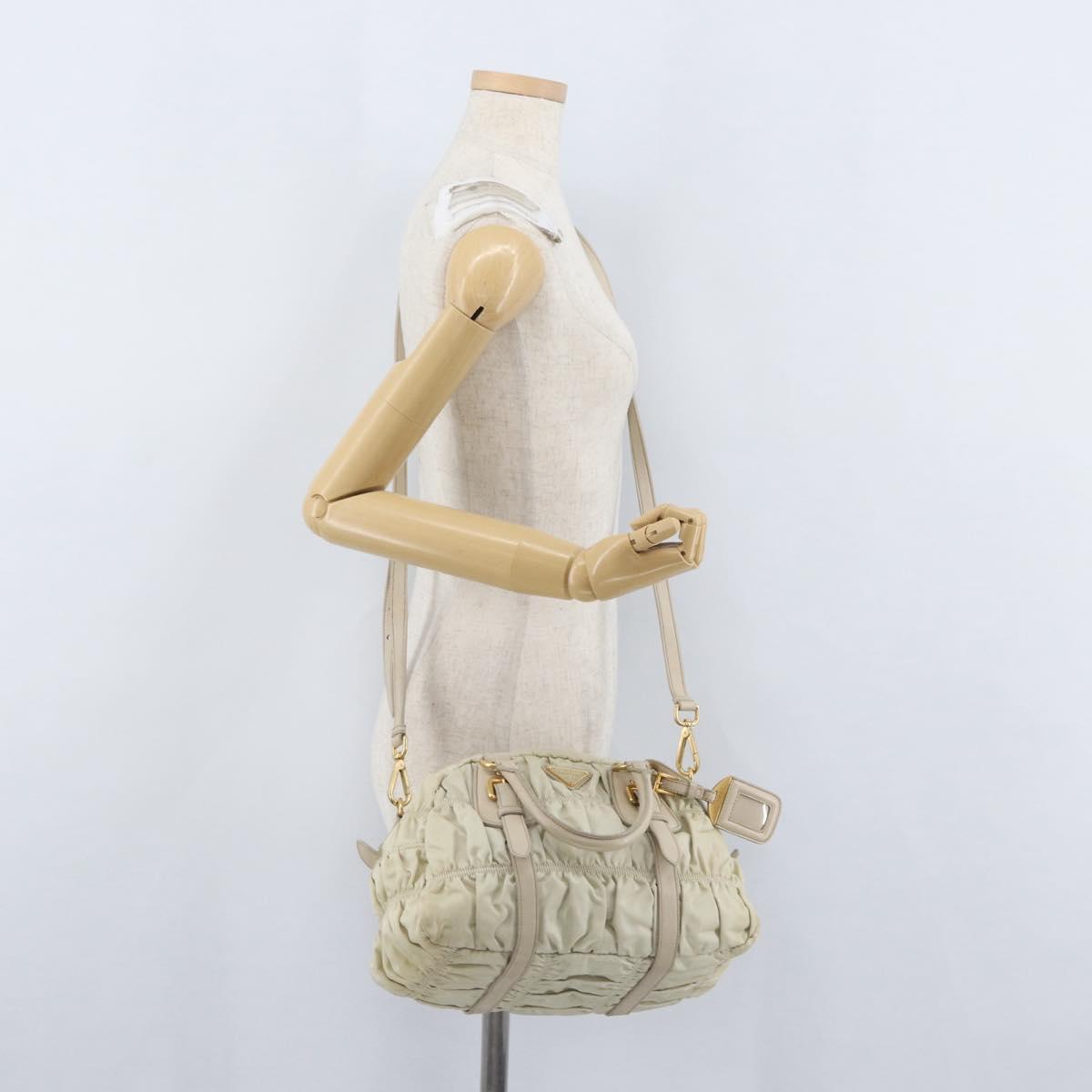 PRADA Gathered Hand Bag Nylon 2way Ivory Gold Auth 173201