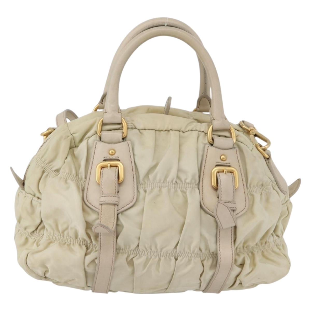 PRADA Gathered Hand Bag Nylon 2way Ivory Gold Auth 173201