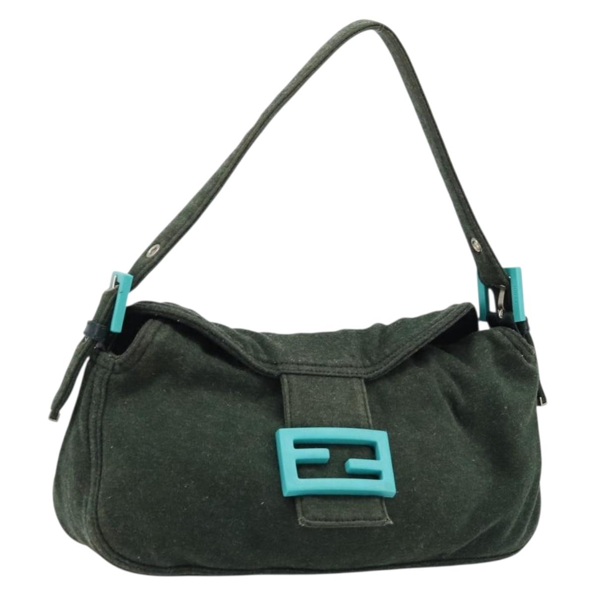 FENDI Mamma Baguette Shoulder Bag Cotton Green Silver Auth 173205