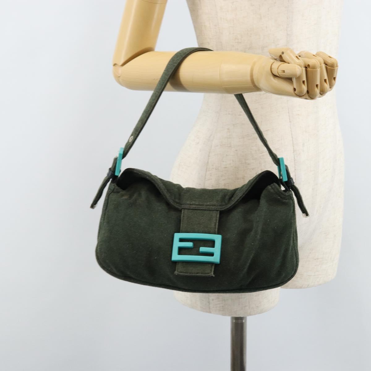 FENDI Mamma Baguette Shoulder Bag Cotton Green Silver Auth 173205