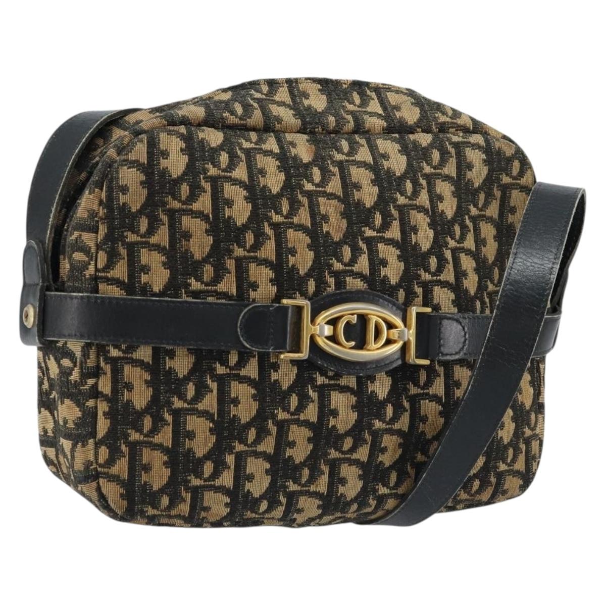 Christian Dior Trotter Canvas Shoulder Bag Navy Gold Auth 173214