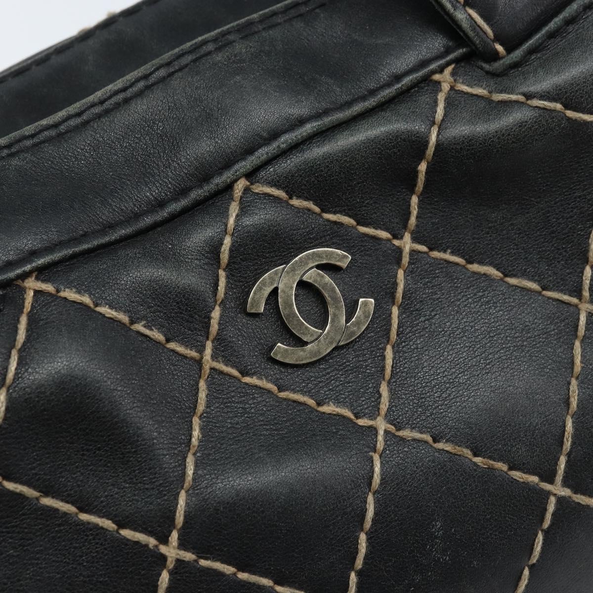 CHANEL Wild Stitch Hand Bag Leather Black CC Auth 173219