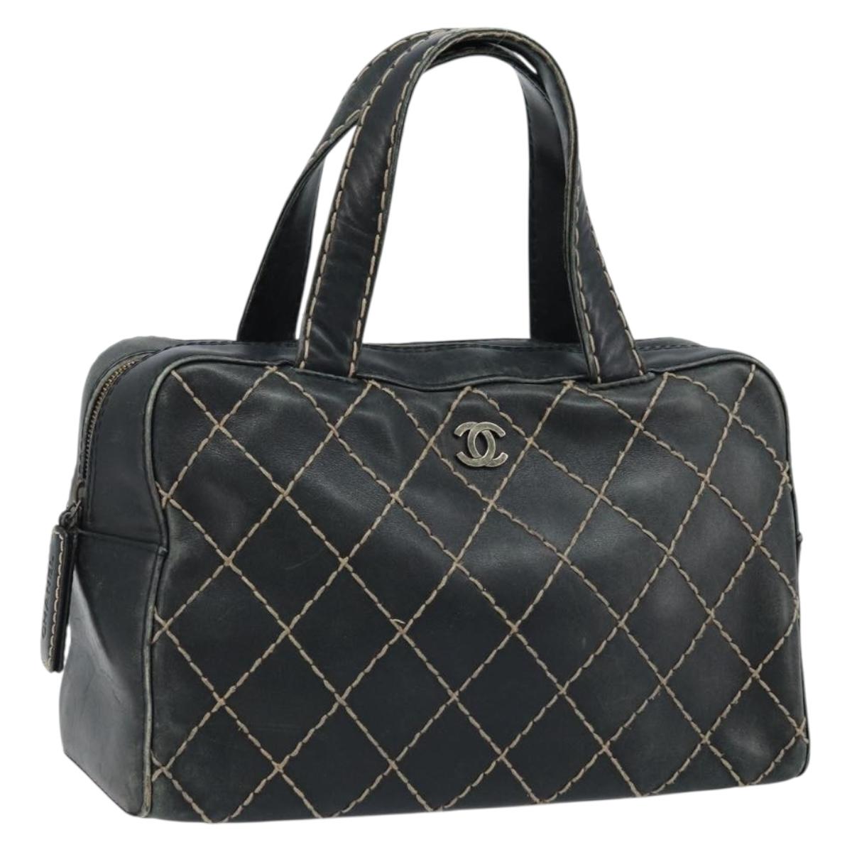 CHANEL Wild Stitch Hand Bag Leather Black CC Auth 173219