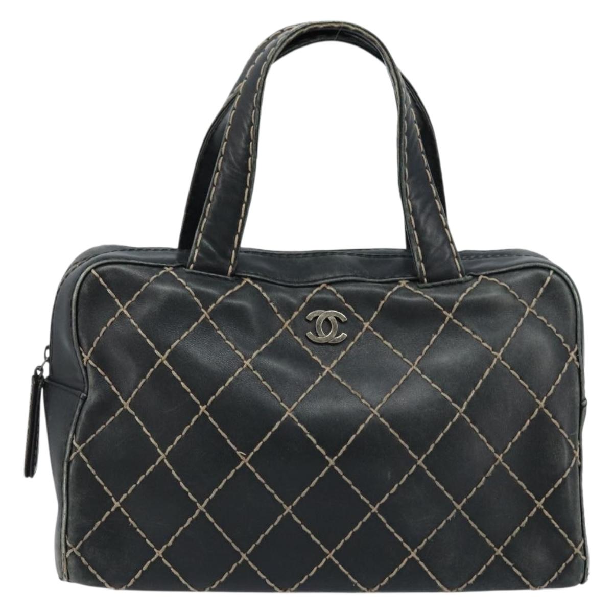 CHANEL Wild Stitch Hand Bag Leather Black CC Auth 173219