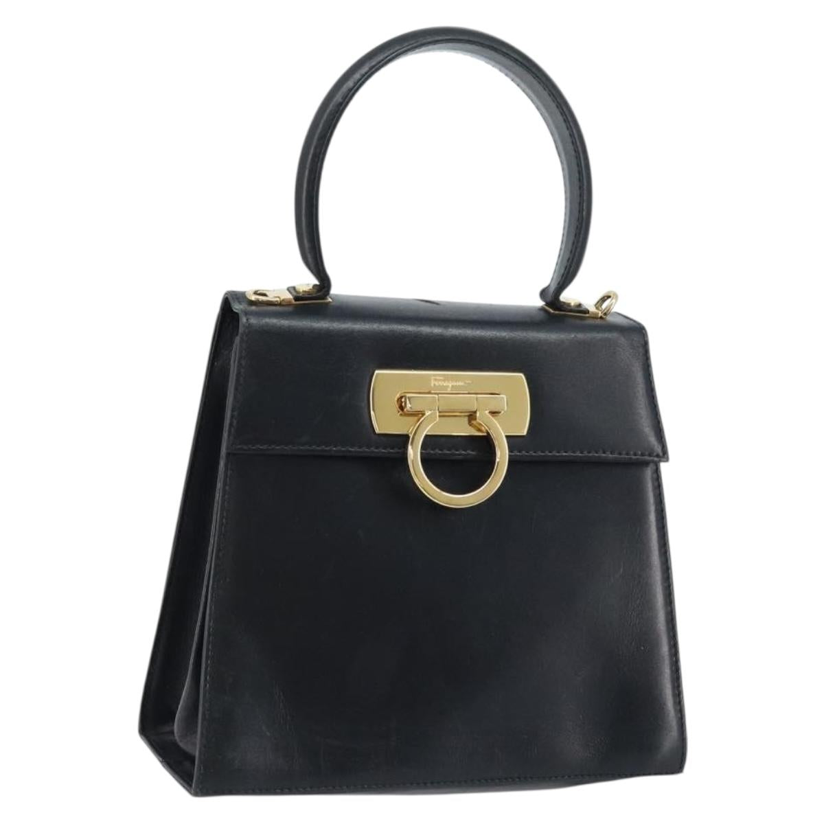 Salvatore Ferragamo Gancini Hand Bag Leather Black Gold Auth 173237