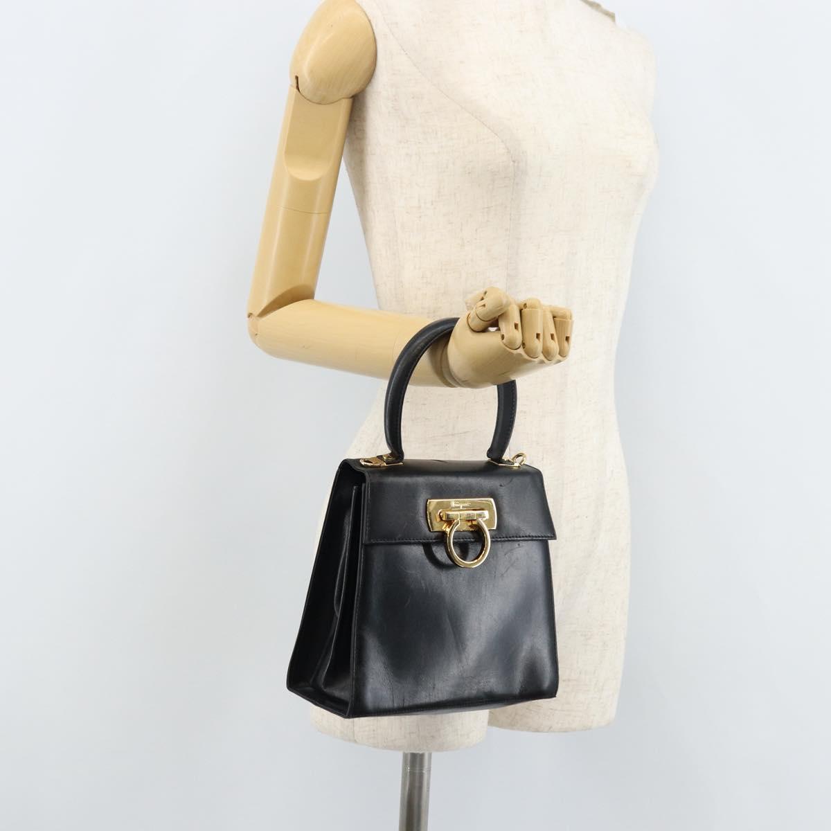 Salvatore Ferragamo Gancini Hand Bag Leather Black Gold Auth 173237