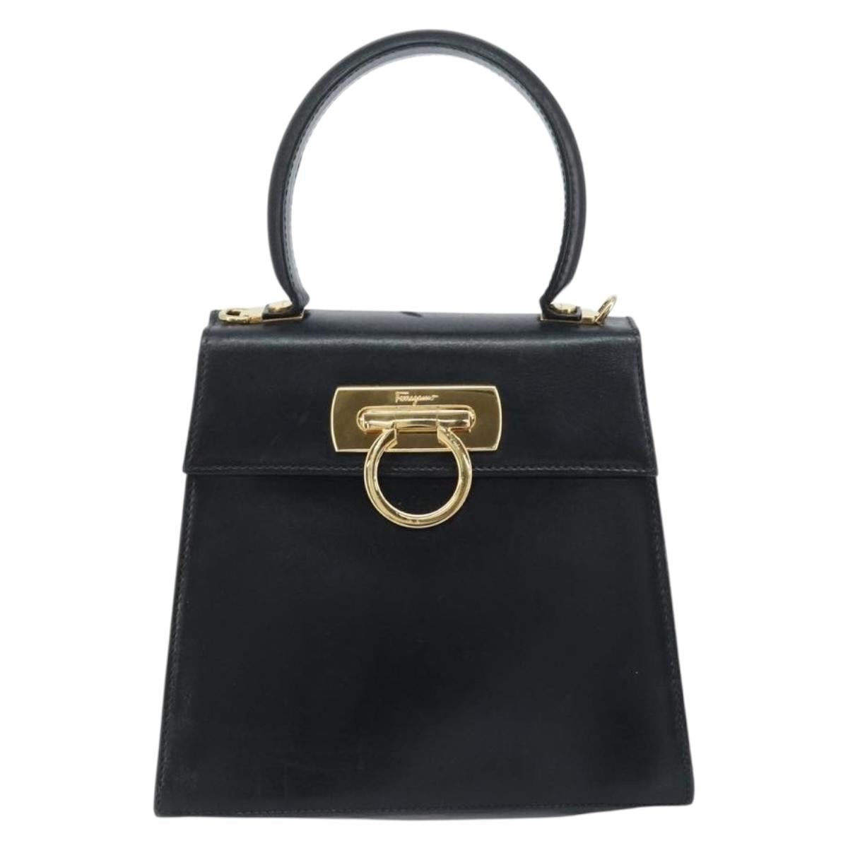 Salvatore Ferragamo Gancini Hand Bag Leather Black Gold Auth 173237