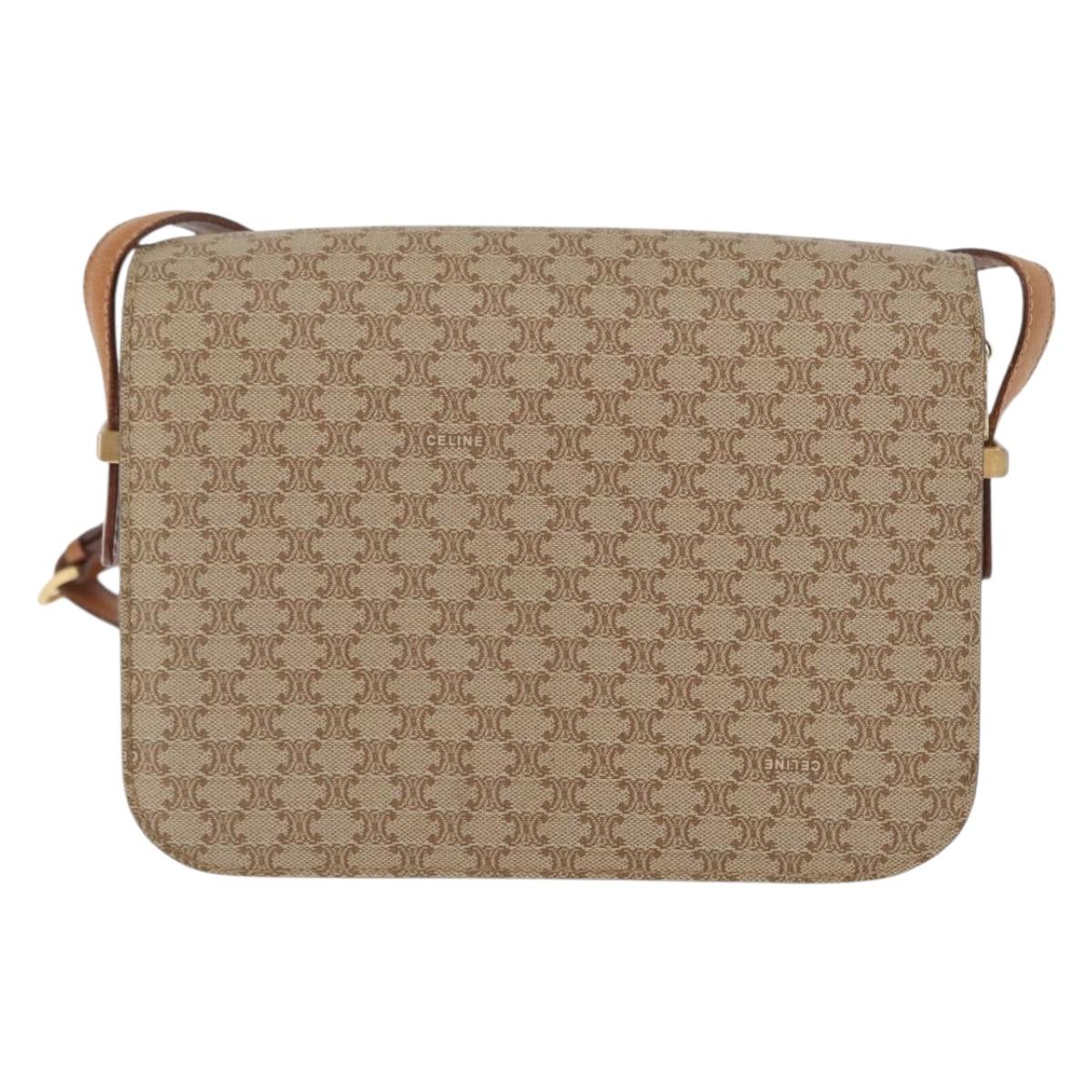 CELINE Macadam Canvas Horse Carriage Shoulder Bag Beige Gold Auth 173246