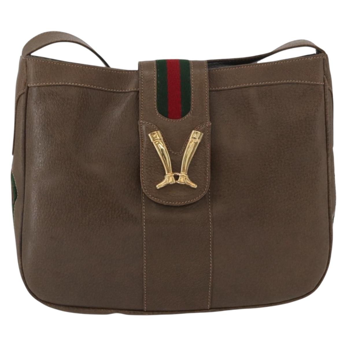 GUCCI Web Sherry Line Boots Metal Shoulder Bag Leather Brown Gold Auth 173249A