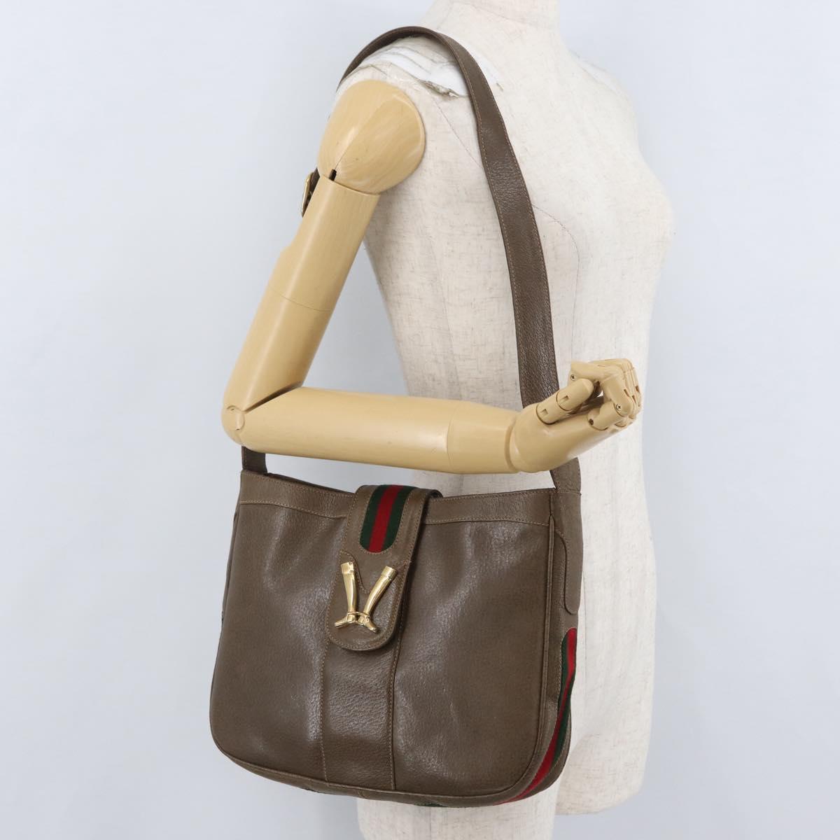 GUCCI Web Sherry Line Boots Metal Shoulder Bag Leather Brown Gold Auth 173249A