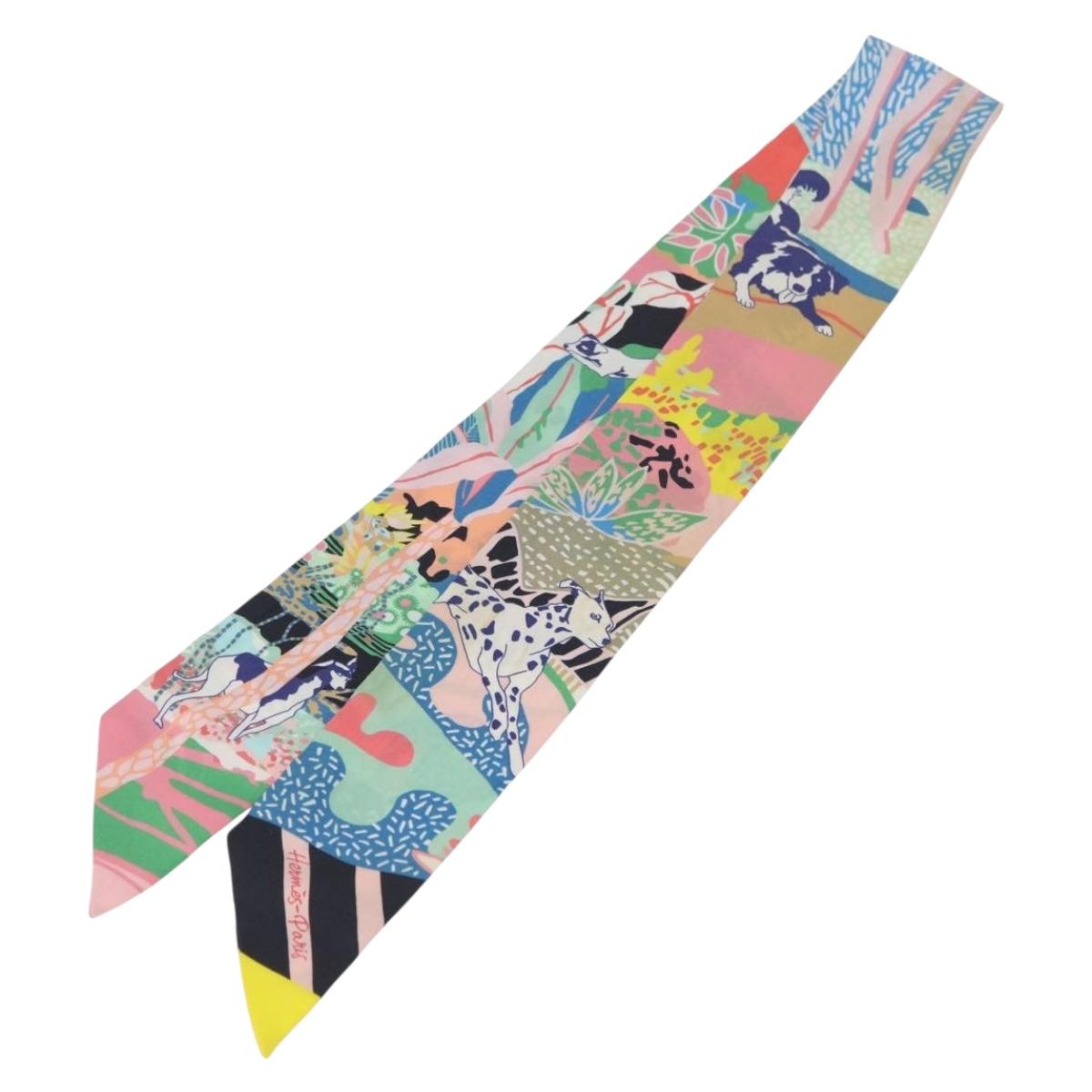 HERMES Twilly Scarf ""En Libertテゥ ! "" Silk Multicolor Auth 173260A