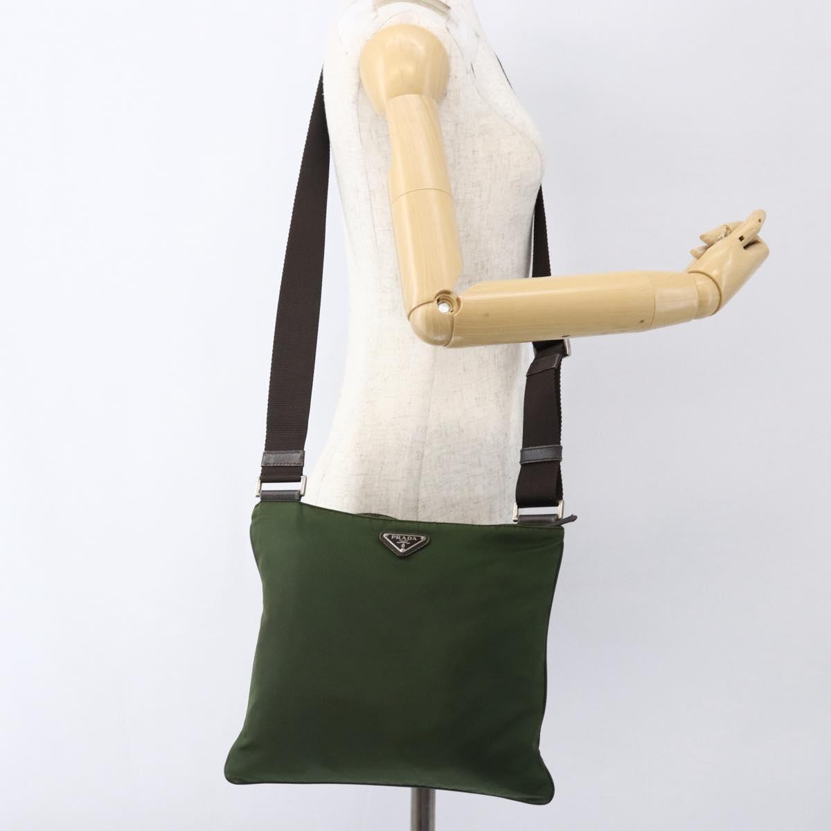 PRADA Shoulder Bag Nylon Khaki Silver Auth 173280