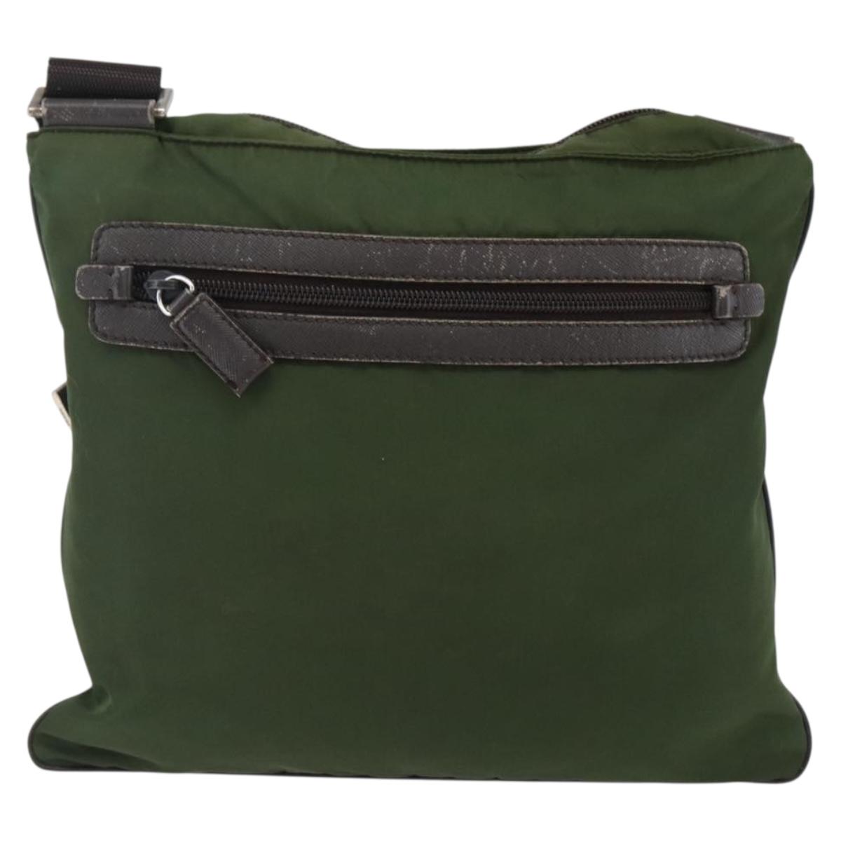 PRADA Shoulder Bag Nylon Khaki Silver Auth 173280