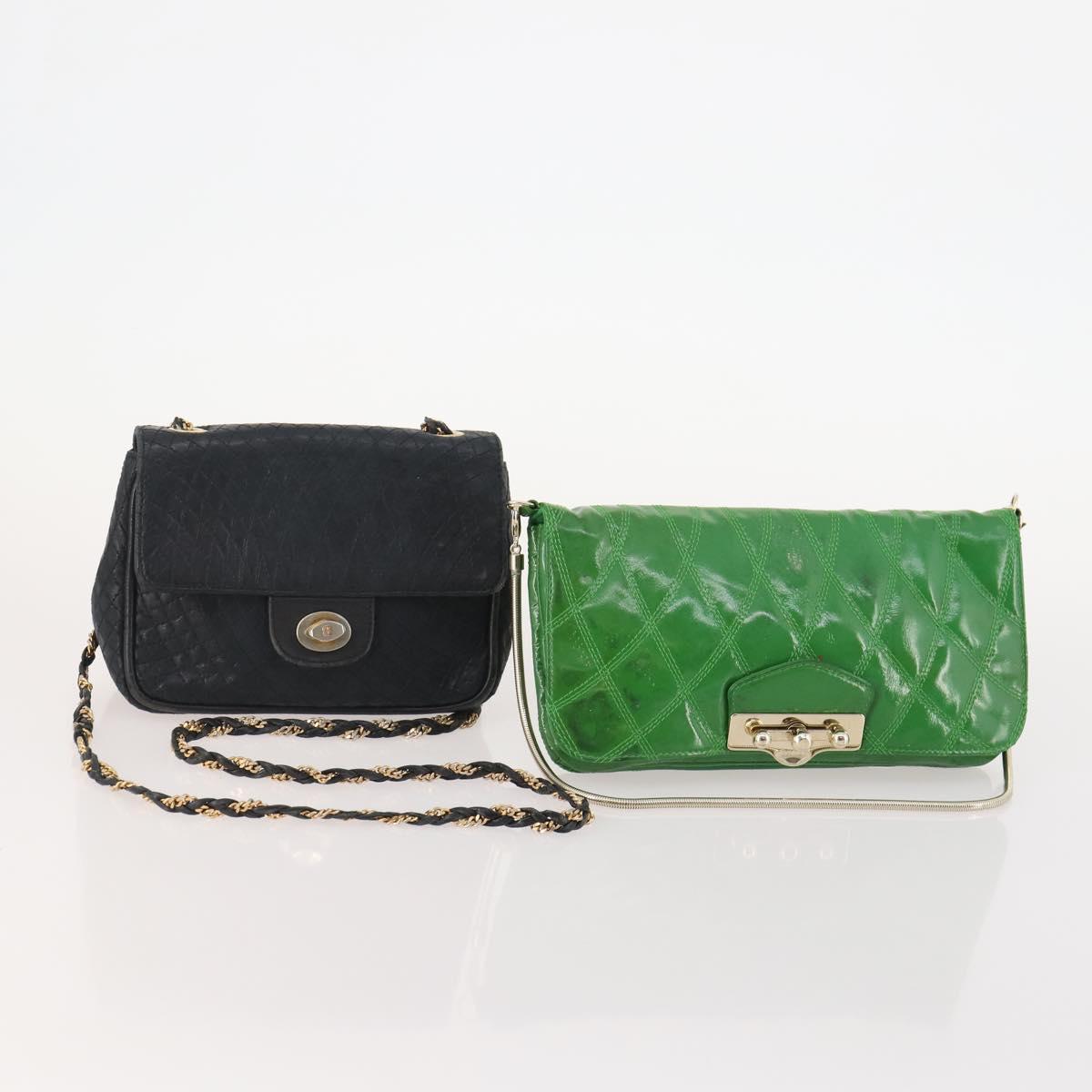 BALLY Shoulder Bag leather Patent 2 Set Black Green Auth 173296