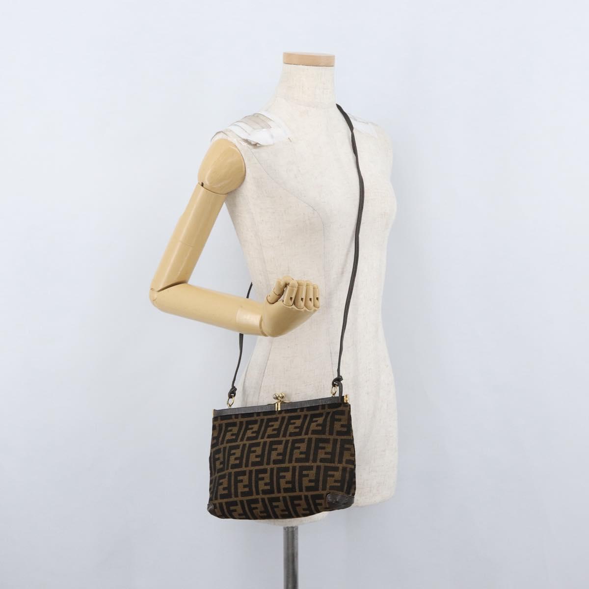 FENDI Zucca Canvas Shoulder Bag Brown Black Auth 173301A