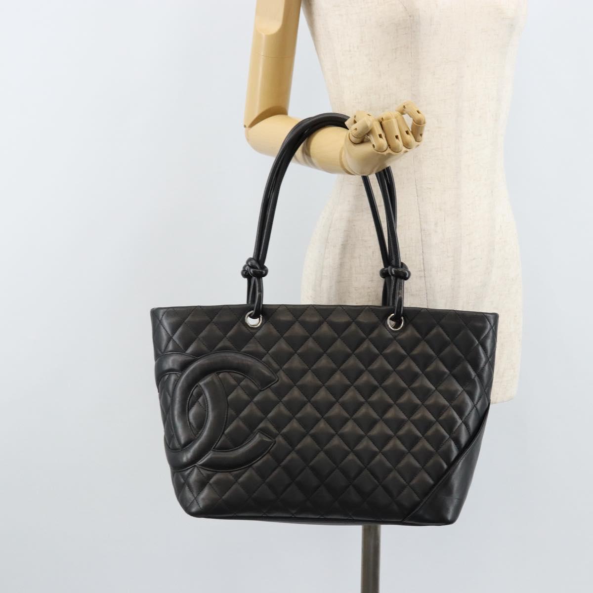 CHANEL Cambon Line Matelasse Tote Bag Lamb Skin Black Silver CC Auth 173305SAM