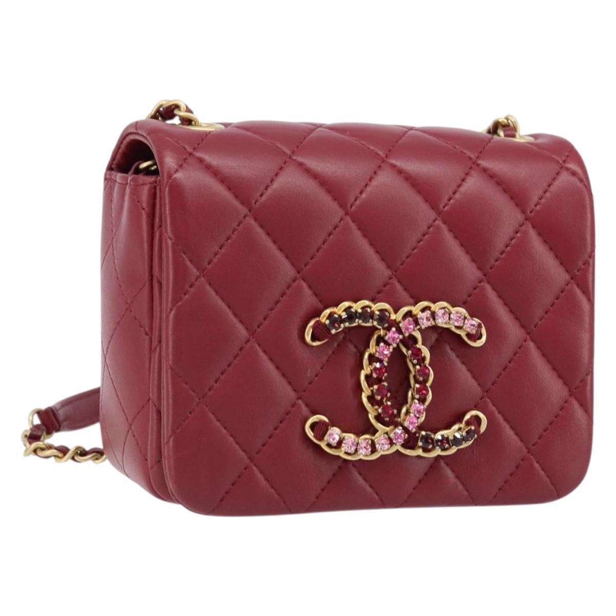CHANEL Chain Matelasse Shoulder Bag Lamb Skin Red Gold CC Auth 173310SM