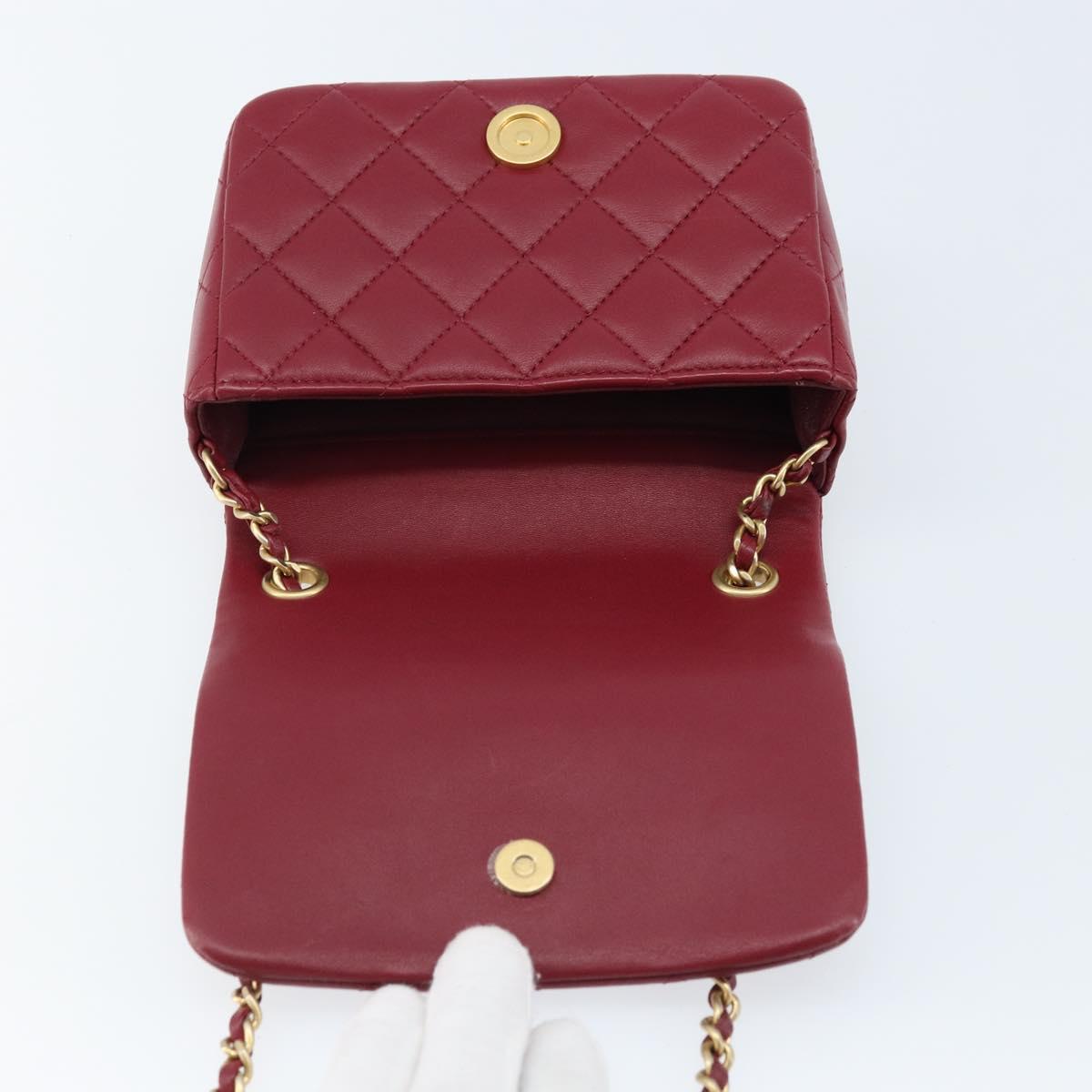 CHANEL Chain Matelasse Shoulder Bag Lamb Skin Red Gold CC Auth 173310SM
