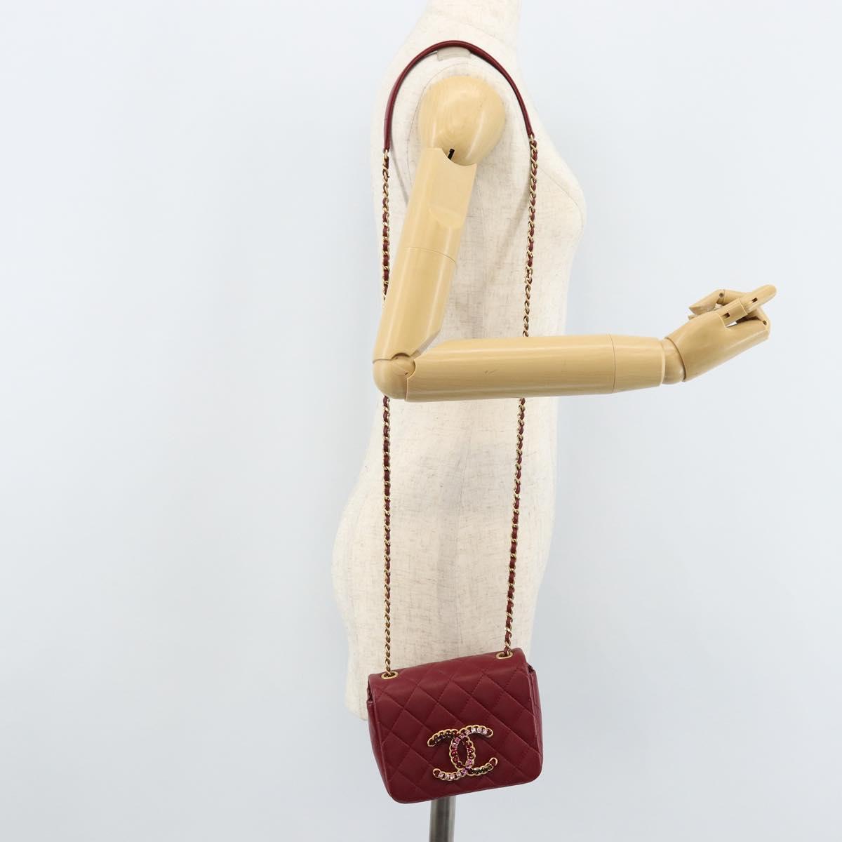 CHANEL Chain Matelasse Shoulder Bag Lamb Skin Red Gold CC Auth 173310SM