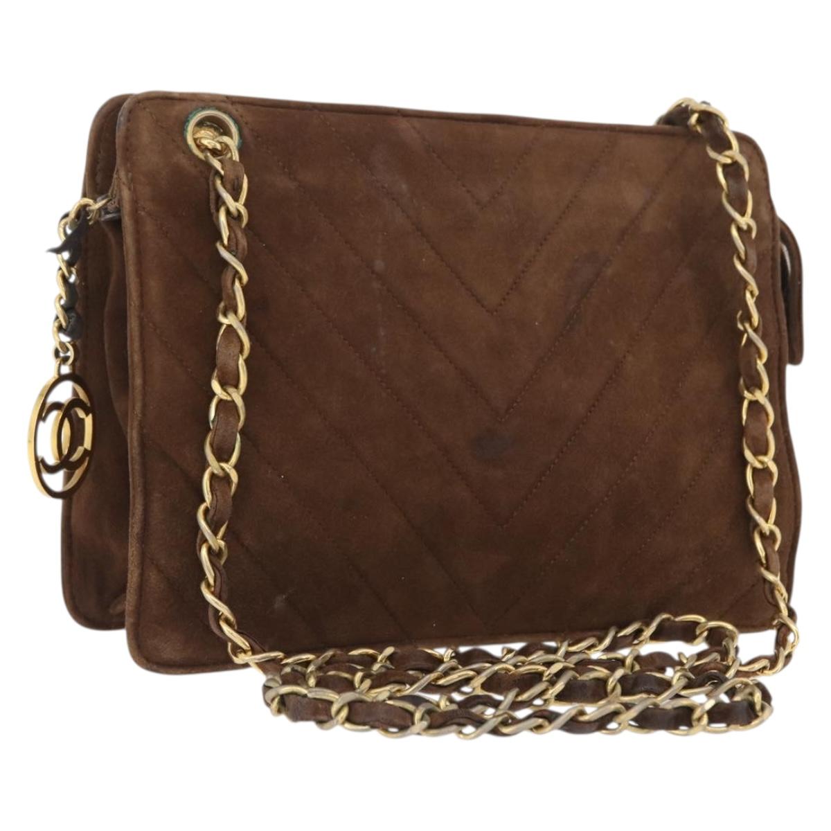CHANEL V Stitched Chain Shoulder Bag Suede Brown Gold CC Auth 173313V