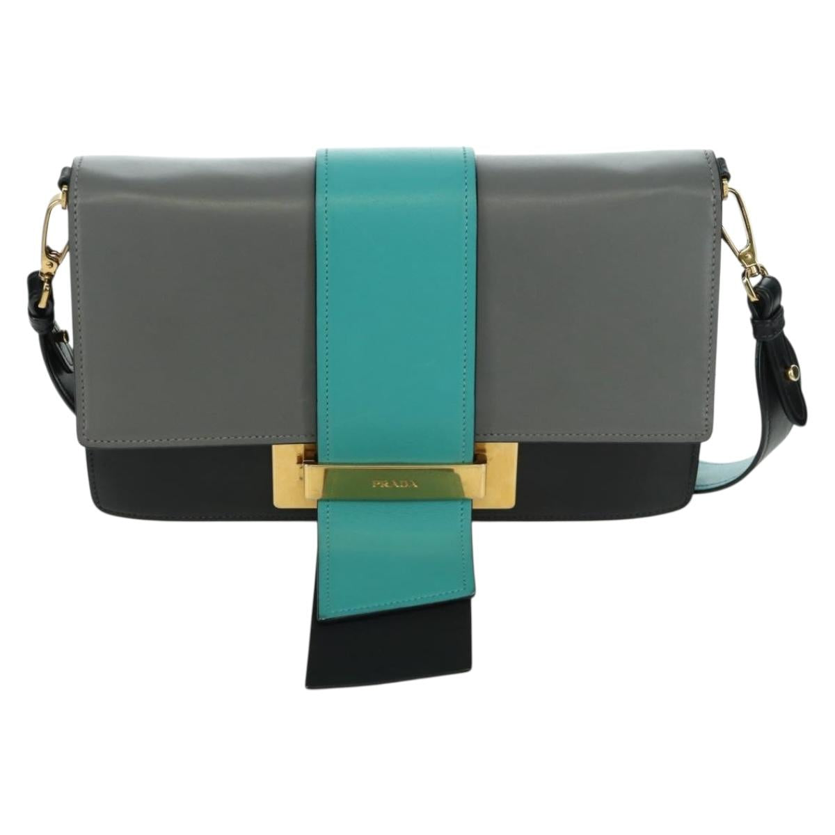 PRADA Shoulder Bag Leather Gray Gold Auth 173314V