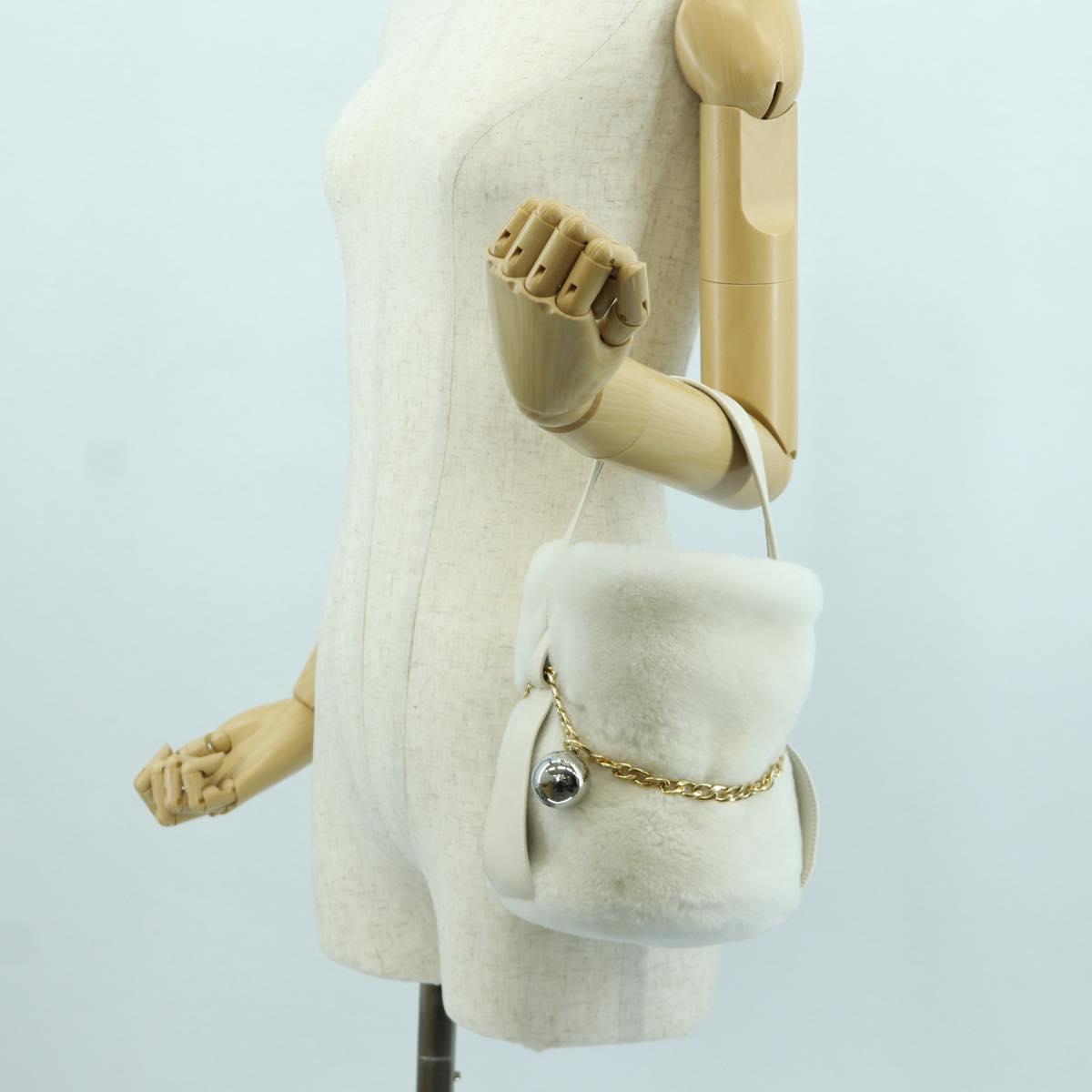 PRADA Hand Bag Fur White Gold Auth 173332SM