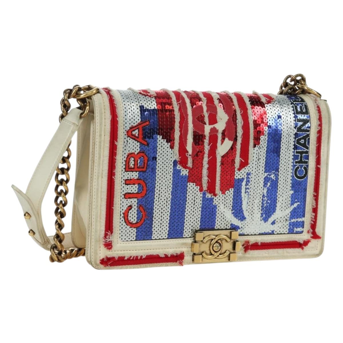 CHANEL Boy Chanel 28 Cuba Chain Sequin Bag Leather Gold CC Auth 173370SAM