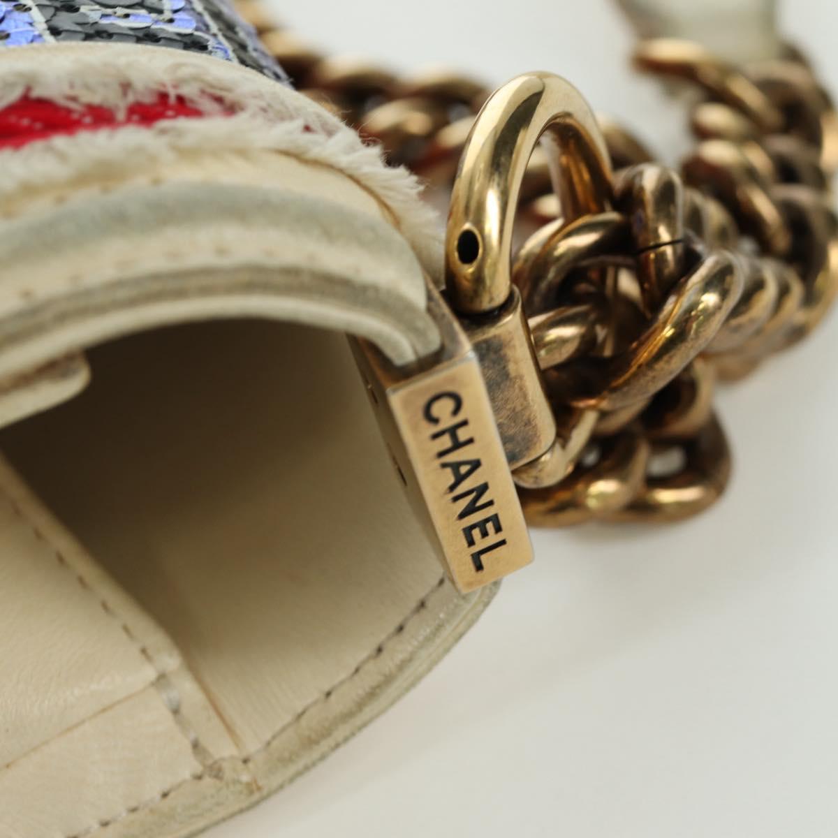 CHANEL Boy Chanel 28 Cuba Chain Sequin Bag Leather Gold CC Auth 173370SAM