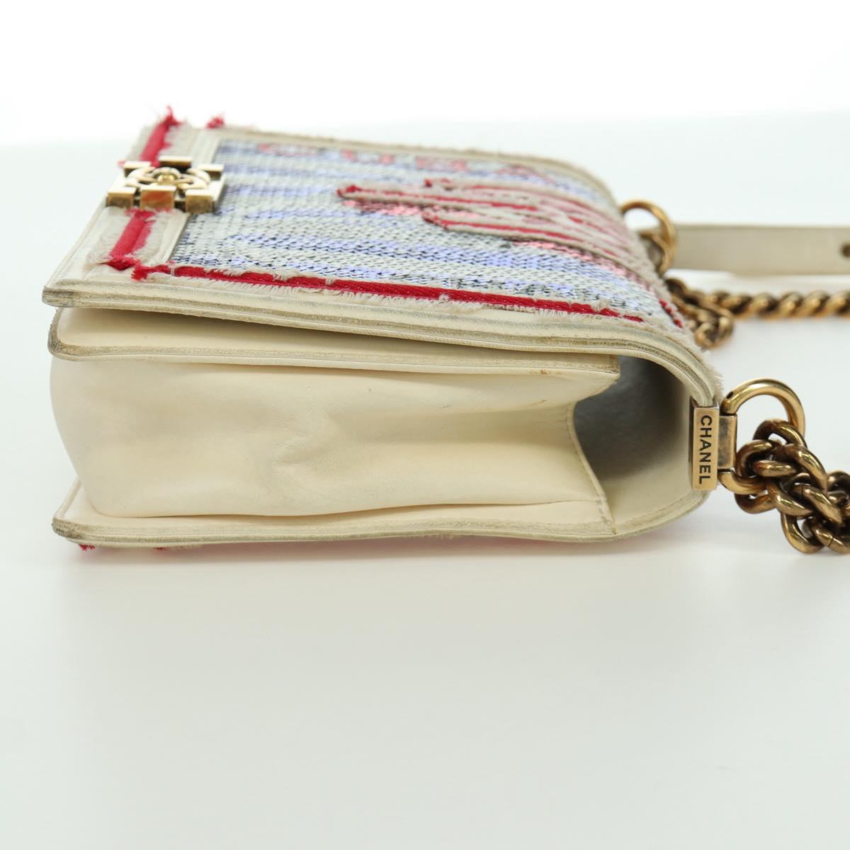 CHANEL Boy Chanel 28 Cuba Chain Sequin Bag Leather Gold CC Auth 173370SAM