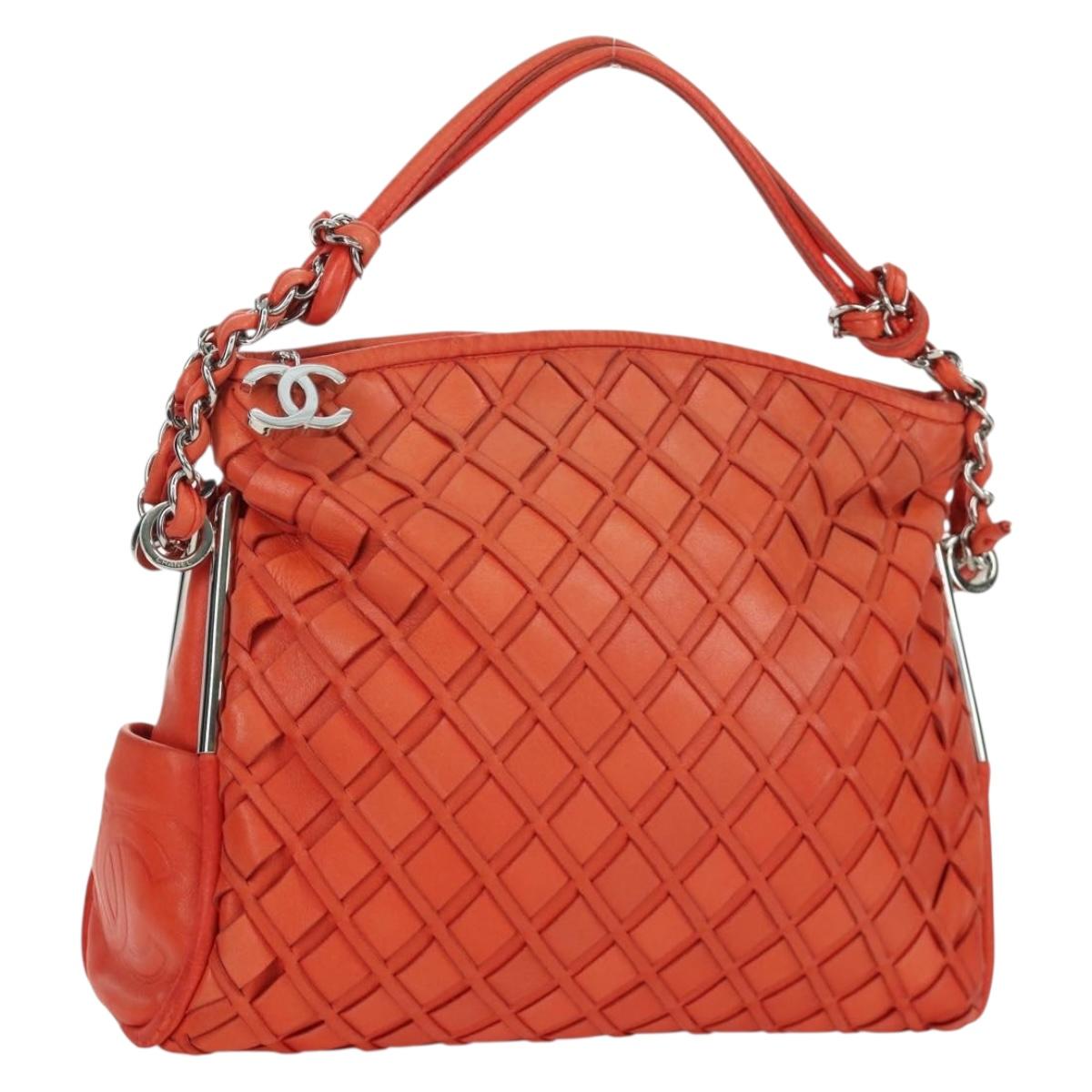 CHANEL Chain Shoulder Bag Lamb Skin Orange Silver CC Auth 173371A