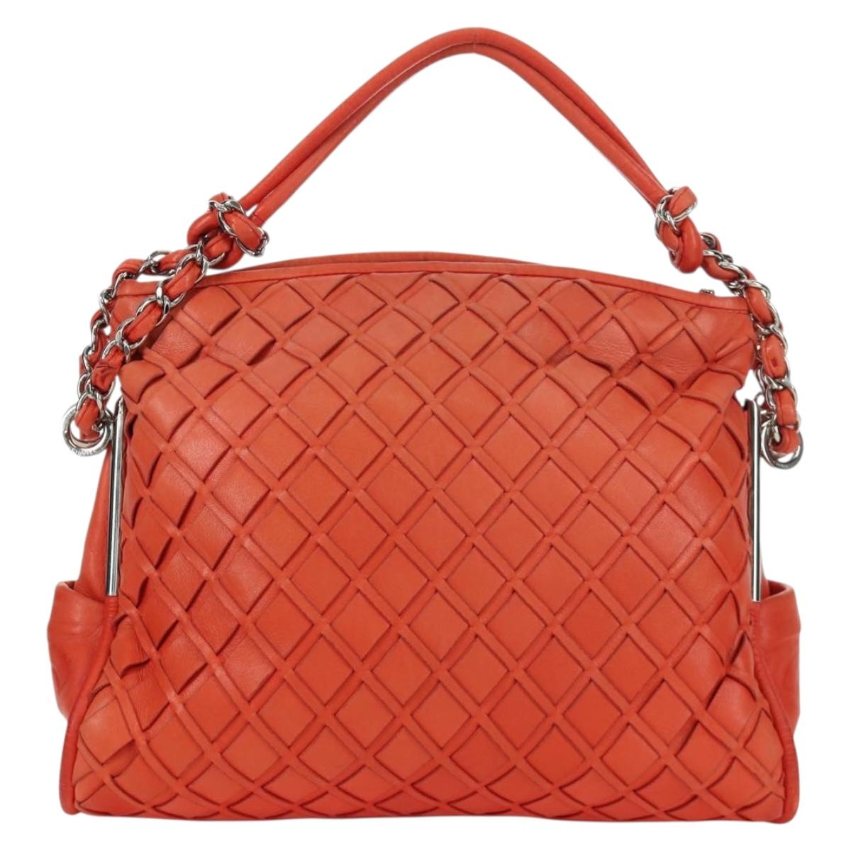 CHANEL Chain Shoulder Bag Lamb Skin Orange Silver CC Auth 173371A