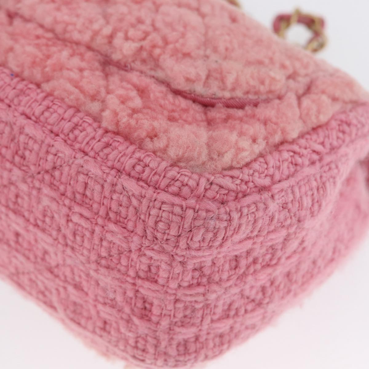 CHANEL Mini Matelasse 15 Chain Shoulder Bag Wool Pink Gold CC Auth 173407SAM