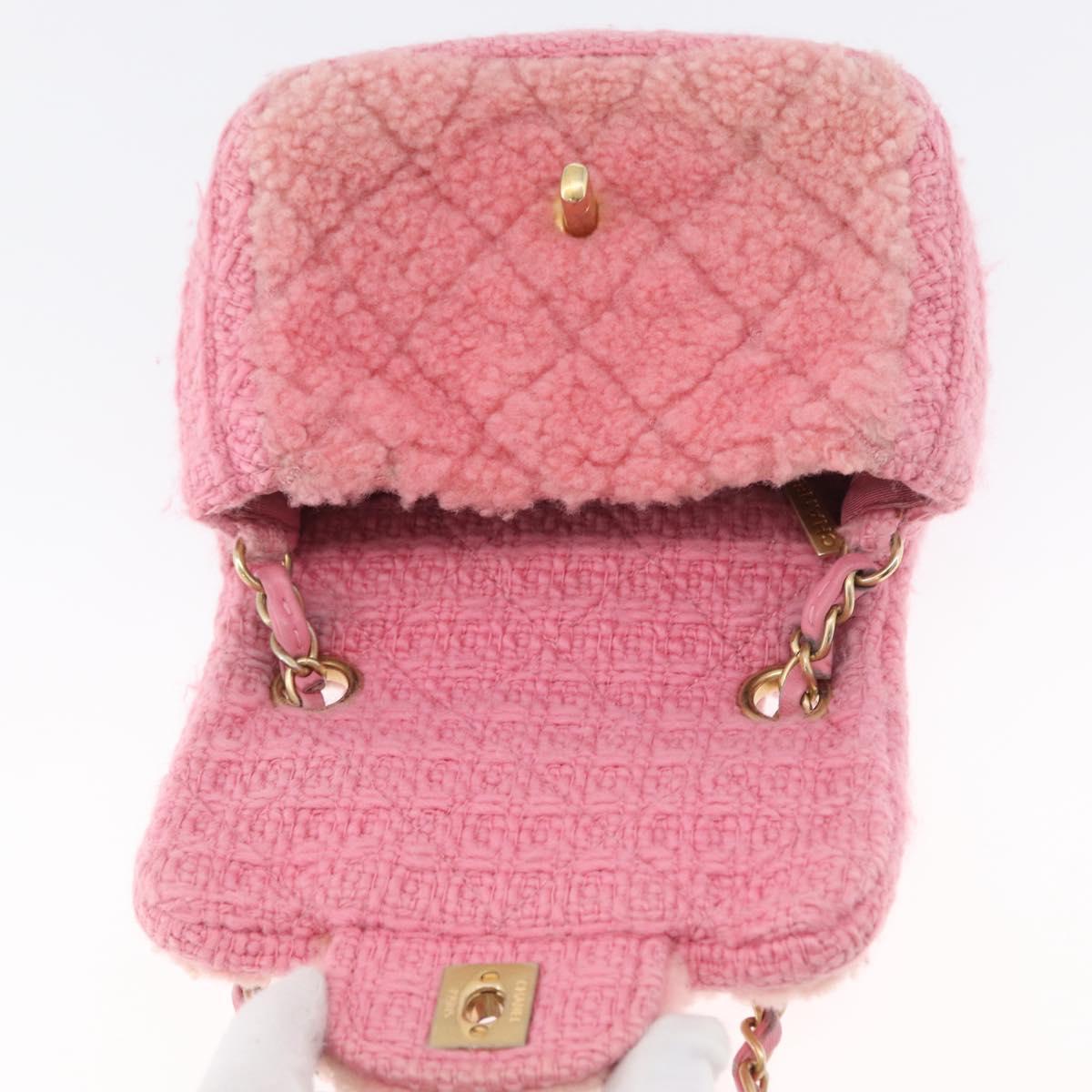 CHANEL Mini Matelasse 15 Chain Shoulder Bag Wool Pink Gold CC Auth 173407SAM